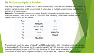 The dirty read problem in DBMS occurs when a transaction reads the data that has been updated by
another transaction that is still uncommitted. It arises due to multiple uncommitted transactions
executing simultaneously.
Example: Consider two transactions A and B performing read/write operations on a data DT in
the database DB. The current value of DT is 1000: The following table shows the read/write
operations in A and B transactions.
Transaction A reads the value of data DT as 1000 and modifies it to 1500 which gets stored in the
temporary buffer. The transaction B reads the data DT as 1500 and commits it and the value of DT
permanently gets changed to 1500 in the database DB. Then some server errors occur in
transaction A and it wants to get rollback to its initial value, i.e., 1000 and then the dirty read
Time A B
T1 READ(DT) ------
T2 DT=DT+500 ------
T3 WRITE(DT) ------
T4 ------ READ(DT)
T5 ------ COMMIT
T6 ROLLBACK ------
II). Temporary Update Problem
 