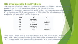 III). Unrepeatable Read Problem
The unrepeatable read problem occurs when two or more different values of the same
data are read during the read operations in the same transaction.
Example: Consider two transactions A and B performing read/write operations on a data
DT in the database DB. The current value of DT is 1000: The following table shows the
read/write operations in A and B transactions.
Transaction A and B initially read the value of DT as 1000. Transaction A modifies the value
of DT from 1000 to 1500 and then again transaction B reads the value and finds it to be
1500. Transaction B finds two different values of DT in its two different read operations.
Time A B
T1 READ(DT) ------
T2 ------ READ(DT)
T3 DT=DT+500 ------
T4 WRITE(DT) ------
T5 ------ READ(DT)
 