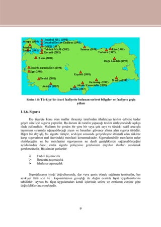 9
1.1.6. Sigorta
Dış ticarete konu olan mallar ihracatçı tarafından ithalatçıya teslim edilene kadar
geçen süre için sigorta yaptırılır. Bu durum iki tarafın yapacağı teslim sözleşmesinde açıkça
ifade edilmelidir. Malların bir yerden bir yere bir veya çok sayı ve türdeki nakil aracıyla
taşınması sırasında uğrayabileceği ziyan ve hasarları güvence altına alan sigorta türüdür.
Diğer bir deyişle, bu sigorta türüyle, sevkiyat sırasında gerçekleşme ihtimali olan risklere
karşı sigortalının mal üzerindeki menfaati korunmaktadır. Sigortalanabilir menfaatin neler
olabileceğini ve bu menfaatini sigortasının ne denli genişliklerde sağlanabileceğini
açıklamadan önce, emtia sigorta poliçesine gereksinim duyulan alanları sıralamak
gerekmektedir. Bu alanlar şunlardır:
 Dahîlî taşımacılık
 İhracatta taşımacılık
 İthalatta taşımacılık
Sigortalatanın isteği doğrultusunda, dar veya geniş olarak sağlanan teminatlar, her
sevkiyat türü için ve kapsamlarının genişliği ile doğru orantılı fiyat uygulamalarına
tabidirler. Ayrıca bu fiyat uygulamaları kendi içlerinde sefere ve emtianın cinsine göre
değişiklikler arz etmektedir.
Resim 1.8: Türkiye’de ticari faaliyette bulunan serbest bölgeler ve faaliyete geçiş
yılları
 