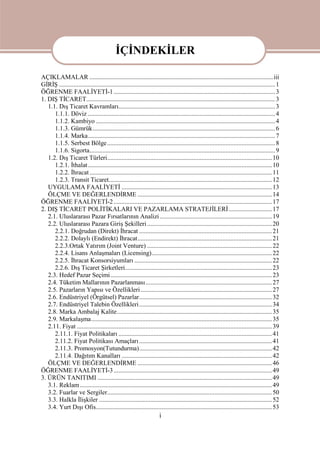 i
AÇIKLAMALAR ...................................................................................................................iii
GİRİŞ .......................................................................................................................................1
ÖĞRENME FAALİYETİ-1.....................................................................................................3
1. DIŞ TİCARET......................................................................................................................3
1.1. Dış Ticaret Kavramları..................................................................................................3
1.1.1. Döviz .....................................................................................................................4
1.1.2. Kambiyo ................................................................................................................4
1.1.3. Gümrük..................................................................................................................6
1.1.4. Marka.....................................................................................................................7
1.1.5. Serbest Bölge.........................................................................................................8
1.1.6. Sigorta....................................................................................................................9
1.2. Dış Ticaret Türleri.......................................................................................................10
1.2.1. İthalat...................................................................................................................10
1.2.2. İhracat..................................................................................................................11
1.2.3. Transit Ticaret......................................................................................................12
UYGULAMA FAALİYETİ ..............................................................................................13
ÖLÇME VE DEĞERLENDİRME ....................................................................................14
ÖĞRENME FAALİYETİ-2...................................................................................................17
2. DIŞ TİCARET POLİTİKALARI VE PAZARLAMA STRATEJİLERİ...........................17
2.1. Uluslararası Pazar Fırsatlarının Analizi ......................................................................19
2.2. Uluslararası Pazara Giriş Şekilleri..............................................................................20
2.2.1. Doğrudan (Direkt) İhracat ...................................................................................21
2.2.2. Dolaylı (Endirekt) İhracat....................................................................................21
2.2.3.Ortak Yatırım (Joint Venture) ..............................................................................22
2.2.4. Lisans Anlaşmaları (Licensing)...........................................................................22
2.2.5. İhracat Konsorsiyumları ......................................................................................22
2.2.6. Dış Ticaret Şirketleri............................................................................................23
2.3. Hedef Pazar Seçimi.....................................................................................................23
2.4. Tüketim Mallarının Pazarlanması...............................................................................27
2.5. Pazarların Yapısı ve Özellikleri ..................................................................................27
2.6. Endüstriyel (Örgütsel) Pazarlar...................................................................................32
2.7. Endüstriyel Talebin Özellikleri...................................................................................34
2.8. Marka Ambalaj Kalite.................................................................................................35
2.9. Markalaşma.................................................................................................................35
2.11. Fiyat ..........................................................................................................................39
2.11.1. Fiyat Politikaları ................................................................................................41
2.11.2. Fiyat Politikası Amaçları...................................................................................41
2.11.3. Promosyon(Tutundurma)...................................................................................42
2.11.4. Dağıtım Kanalları ..............................................................................................42
ÖLÇME VE DEĞERLENDİRME ....................................................................................46
ÖĞRENME FAALİYETİ-3...................................................................................................49
3. ÜRÜN TANITIMI .............................................................................................................49
3.1. Reklam........................................................................................................................49
3.2. Fuarlar ve Sergiler.......................................................................................................50
3.3. Halkla İlişkiler ............................................................................................................52
3.4. Yurt Dışı Ofis..............................................................................................................53
İÇİNDEKİLER
 