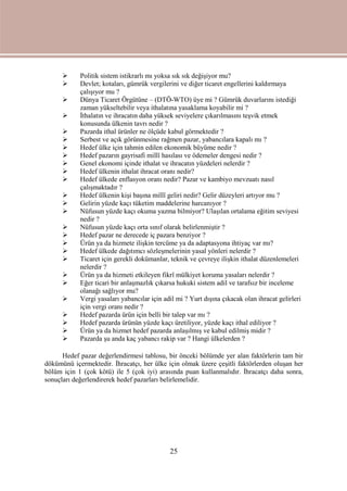 25
 Politik sistem istikrarlı mı yoksa sık sık değişiyor mu?
 Devlet; kotaları, gümrük vergilerini ve diğer ticaret engellerini kaldırmaya
çalışıyor mu ?
 Dünya Ticaret Örgütüne – (DTÖ-WTO) üye mi ? Gümrük duvarlarını istediği
zaman yükseltebilir veya ithalatına yasaklama koyabilir mi ?
 İthalatın ve ihracatın daha yüksek seviyelere çıkarılmasını teşvik etmek
konusunda ülkenin tavrı nedir ?
 Pazarda ithal ürünler ne ölçüde kabul görmektedir ?
 Serbest ve açık görünmesine rağmen pazar, yabancılara kapalı mı ?
 Hedef ülke için tahmin edilen ekonomik büyüme nedir ?
 Hedef pazarın gayrisafi millî hasılası ve ödemeler dengesi nedir ?
 Genel ekonomi içinde ithalat ve ihracatın yüzdeleri nelerdir ?
 Hedef ülkenin ithalat ihracat oranı nedir?
 Hedef ülkede enflasyon oranı nedir? Pazar ve kambiyo mevzuatı nasıl
çalışmaktadır ?
 Hedef ülkenin kişi başına millî geliri nedir? Gelir düzeyleri artıyor mu ?
 Gelirin yüzde kaçı tüketim maddelerine harcanıyor ?
 Nüfusun yüzde kaçı okuma yazma bilmiyor? Ulaşılan ortalama eğitim seviyesi
nedir ?
 Nüfusun yüzde kaçı orta sınıf olarak belirlenmiştir ?
 Hedef pazar ne derecede iç pazara benziyor ?
 Ürün ya da hizmete ilişkin tercüme ya da adaptasyona ihtiyaç var mı?
 Hedef ülkede dağıtımcı sözleşmelerinin yasal yönleri nelerdir ?
 Ticaret için gerekli dokümanlar, teknik ve çevreye ilişkin ithalat düzenlemeleri
nelerdir ?
 Ürün ya da hizmeti etkileyen fikrî mülkiyet koruma yasaları nelerdir ?
 Eğer ticari bir anlaşmazlık çıkarsa hukuki sistem adil ve tarafsız bir inceleme
olanağı sağlıyor mu?
 Vergi yasaları yabancılar için adil mi ? Yurt dışına çıkacak olan ihracat gelirleri
için vergi oranı nedir ?
 Hedef pazarda ürün için belli bir talep var mı ?
 Hedef pazarda ürünün yüzde kaçı üretiliyor, yüzde kaçı ithal ediliyor ?
 Ürün ya da hizmet hedef pazarda anlaşılmış ve kabul edilmiş midir ?
 Pazarda şu anda kaç yabancı rakip var ? Hangi ülkelerden ?
Hedef pazar değerlendirmesi tablosu, bir önceki bölümde yer alan faktörlerin tam bir
dökümünü içermektedir. İhracatçı, her ülke için olmak üzere çeşitli faktörlerden oluşan her
bölüm için 1 (çok kötü) ile 5 (çok iyi) arasında puan kullanmalıdır. İhracatçı daha sonra,
sonuçları değerlendirerek hedef pazarları belirlemelidir.
 