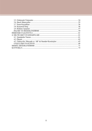 ii
3.5. Elektronik Yöntemler..................................................................................................54
3.6. Basılı Materyaller........................................................................................................55
3.7. İnsan Kaynakları .........................................................................................................56
3.8. Kurumsal İmaj ............................................................................................................56
3.9. Reklam Ajansları ........................................................................................................57
ÖLÇME VE DEĞERLENDİRME ....................................................................................59
ÖĞRENME FAALİYETİ-4...................................................................................................61
4. DIŞ TİCARET STANDARTLARI....................................................................................61
4.1. Standardın Tanımı.......................................................................................................61
4.2. Önemi..........................................................................................................................62
4.3. Türkiye'de, Dünyada ve AB’ de Standart Kuruluşları ...............................................62
UYGULAMA FAALIYETI ..............................................................................................68
MODÜL DEĞERLENDİRME ..............................................................................................71
KAYNAKÇA.........................................................................................................................73
 