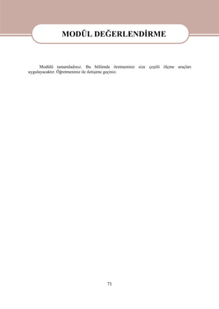 71
MODÜL DEĞERLENDİRME
Modülü tamamladınız. Bu bölümde öretmeniniz size çeşitli ölçme araçları
uygulayacaktır. Öğretmeniniz ile iletişime geçiniz.
MODÜL DEĞERLENDİRME
 