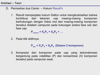 Distilasi – Teori 
D. Pemisahan dua Cairan – Hukum Raoult’s 
1. Raoult memperjelas hukum Dalton untuk mengilustrasikan bahwa 
kontribusi dari tekanan uap masing-masing komponen 
berhubungan dengan fraksi mol dari masing-masing komponen 
tersebut didalam campuran pada hubungan antara fase cair dan 
fase uap 
Pmixture = XAPA + XBPB + … 
2. Pada titik didihnya: 
Patm = XAPA + XBPB (Sistem 2 komponen) 
3. Komposisi dari komponen pada uap yang terkondensasi 
bergantung pada volatilitas (P) dan konsentrasi (X) komponen 
tersebut pada campuran awal. 
 