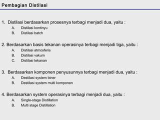Pembagian Distilasi 
1. Distilasi berdasarkan prosesnya terbagi menjadi dua, yaitu : 
A. Distilasi kontinyu 
B. Distilasi batch 
2. Berdasarkan basis tekanan operasinya terbagi menjadi tiga, yaitu : 
A. Distilasi atmosferis 
B. Distilasi vakum 
C. Distilasi tekanan 
3. Berdasarkan komponen penyusunnya terbagi menjadi dua, yaitu : 
A. Destilasi system biner 
B. Destilasi system multi komponen 
4. Berdasarkan system operasinya terbagi menjadi dua, yaitu : 
A. Single-stage Distillation 
B. Multi stage Distillation 
 