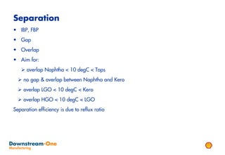 Separation
• IBP, FBP
• Gap
• Overlap
• Aim for:
    overlap Naphtha < 10 degC < Tops
   no gap & overlap between Naphtha and Kero
   overlap LGO < 10 degC < Kero
   overlap HGO < 10 degC < LGO
Separation efficiency is due to reflux ratio
 