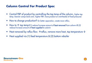 Column Control For Product Spec

• Control FBP of product by controlling the top temp of the column, higher top
   temp, heavier comps boils over, higher FBP, more product on overheads( at fixed pressure)

• How to change production? for better separation, create more reflux,
• How to  top temp?(1) reduce/increase amount of heat removed from column @ (2)
   reduce/increase amount of heat supplied to column

• Heat removed by reflux flow. reflux, remove more heat, top temperature 
• Heat supplied via (1) feed temperature & (2) bottom reboiler
 