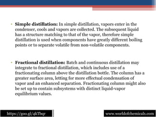 • Simple distillation: In simple distillation, vapors enter in the 
condenser, cools and vapors are collected. The subsequent liquid 
has a structure matching to that of the vapor, therefore simple 
distillation is used when components have greatly different boiling 
points or to separate volatile from non-volatile components.
• Fractional distillation: Batch and continuous distillation may 
integrate to fractional distillation, which includes use of a 
fractionating column above the distillation bottle. The column has a 
greater surface area, letting for more effectual condensation of 
vapor and an enhanced separation. Fractionating column might also 
be set up to contain subsystems with distinct liquid-vapor 
equilibrium values.
www.worldofchemicals.comwww.worldofchemicals.comhttps://goo.gl/4kTbqrhttps://goo.gl/4kTbqr
 