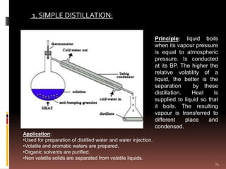 1. SIMPLE DISTILLATION:
Principle: liquid boils
when its vapour pressure
is equal to atmospheric
pressure. Is conducted
at its BP. The higher the
relative volatility of a
liquid, the better is the
separation by these
distillation. Heat is
supplied to liquid so that
it boils. The resulting
vapour is transferred to
different place and
condensed.
Application:
•Used for preparation of distilled water and water injection.
•Volatile and aromatic waters are prepared.
•Organic solvents are purified.
•Non volatile solids are separated from volatile liquids.
24
 