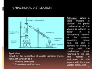5.FRACTIONAL DISTILLATION:
Principle: When a
liquid mixture is
distilled, the partial
condensation of the
vapour is allowed to
occur in a
fractionating column.
In the column,
ascending vapour
from the still is
allowed to come in
contact with the
condensing vapour
returning to the still.
This results in
enrichment of the
vapour with the more
volatile component.
Application:
•Used for the separation of volatile miscible liquids
with near BP such as a
1. Acetone and water.
2. Chloroform and benzene
28
 