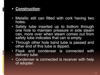  Construction:
• Metallic still can fitted with cork having two
holes.
• Safety tube inserted up to bottom through
one hole to maintain pressure in side steam
can, more over when steam comes out from
safety tube indicates that can is empty.
• Through other hole band tube is passed and
other end of this tube is dipped.
• Flask and condenser is connected with
delivery tube.
• Condenser is connected is receiver with help
of adopter.
35
 