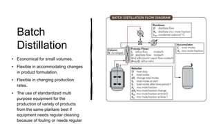 Batch
Distillation
• Economical for small volumes.
• Flexible in accommodating changes
in product formulation.
• Flexible in changing production
rates.
• The use of standardized multi
purpose equipment for the
production of variety of products
from the same plantare best if
equipment needs regular cleaning
because of fouling or needs regular
 