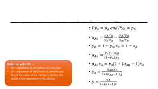 Cont.:-
• 𝑃𝑦 𝐴 = 𝑝 𝐴 𝑎𝑛𝑑 𝑃𝑦 𝐵 = 𝑝 𝐵
• 𝛼 𝐴𝐵 =
𝑦 𝐴.𝑥 𝐵
𝑦 𝐵.𝑥 𝐴
=
𝑦 𝐴 𝑦 𝐵
𝑥 𝐴 𝑥 𝐵
• 𝑦 𝐵 = 1 − 𝑦 𝐴, 𝑥 𝐵 = 1 − 𝑥 𝐴.
• 𝛼 𝐴𝐵 =
𝑦 𝐴(1−𝑥 𝐴)
1−𝑦 𝐴 .𝑥 𝐴
• 𝛼 𝐴𝐵 𝑥 𝐴 = 𝑦 𝐴[1 + (𝛼 𝐴𝐵 − 1)𝑥 𝐴
• 𝑦 𝐴 =
𝛼 𝐴𝐵.𝑥 𝐴
1+(𝛼 𝐴𝐵−1)𝑥 𝐴
• 𝑦 =
𝛼𝑥
1+ 𝛼𝑥−1 𝑥
Relative Volatilty :-
• α=1 separation of distillation not possible.
• α>1 separation of distillation is possible and
larger the value of the relative volatility, the
easier is the separation by distillation.
 