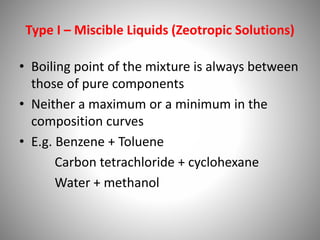 Type I – Miscible Liquids (Zeotropic Solutions)
• Boiling point of the mixture is always between
those of pure components
• Neither a maximum or a minimum in the
composition curves
• E.g. Benzene + Toluene
Carbon tetrachloride + cyclohexane
Water + methanol
 
