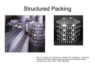 Structured Packing
Fair, J.R., Seibert, A.F., Behrens, M., Saraber, P.P., and Olujic, Z. “Structured
Packing Performance-Experimental Evaluation of Two Predictive Models ”,
Ind. Eng. Chem. Res. 39 (6), 1788-1796 (2000).
 