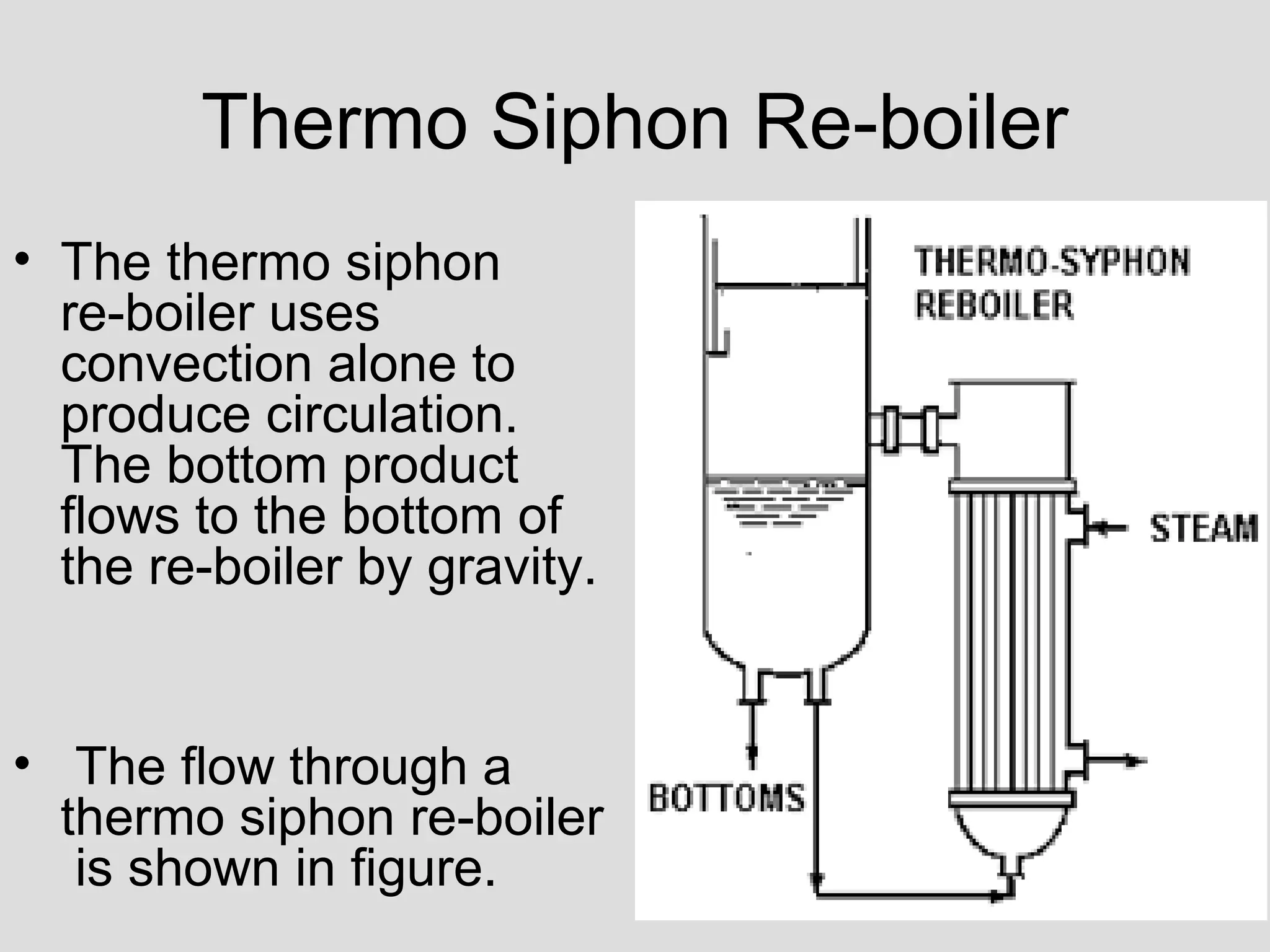 Thermo Siphon Re-boiler
• The thermo siphon
re-boiler uses
convection alone to
produce circulation.
The bottom product
flows to the bottom of
the re-boiler by gravity.
• The flow through a
thermo siphon re-boiler
is shown in figure.
 