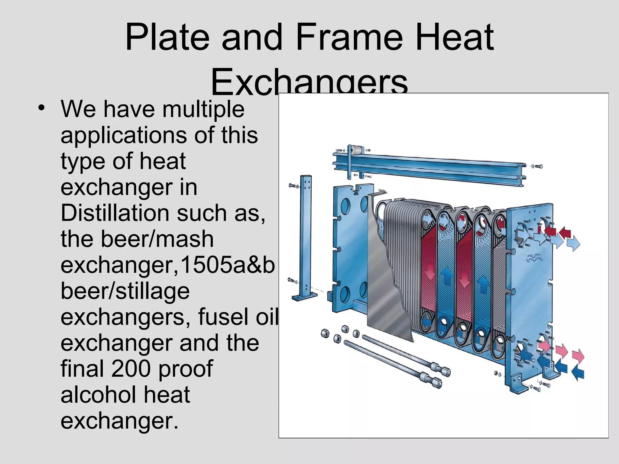 Plate and Frame Heat
Exchangers
• We have multiple
applications of this
type of heat
exchanger in
Distillation such as,
the beer/mash
exchanger,1505a&b
beer/stillage
exchangers, fusel oil
exchanger and the
final 200 proof
alcohol heat
exchanger.
 