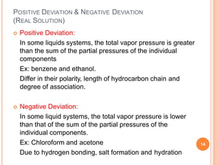 POSITIVE DEVIATION & NEGATIVE DEVIATION
(REAL SOLUTION)
 Positive Deviation:
In some liquids systems, the total vapor pressure is greater
than the sum of the partial pressures of the individual
components
Ex: benzene and ethanol.
Differ in their polarity, length of hydrocarbon chain and
degree of association.
 Negative Deviation:
In some liquid systems, the total vapor pressure is lower
than that of the sum of the partial pressures of the
individual components.
Ex: Chloroform and acetone
Due to hydrogen bonding, salt formation and hydration
14
 