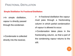FRACTIONAL DISTILLATION
28
In simple distillation,
vapour is directly passed
through the condenser.
Condensate is collected
directly into the receiver,
 In fractional distillation the vapour
must pass through a fractionating
column in which partial condensation
of vapour is allowed to occur.
Condensation takes place in the
fractionating column, so that a part of
the condensing vapour returns to the
still.
Simple Distillation Vs Fractional Distillation
 