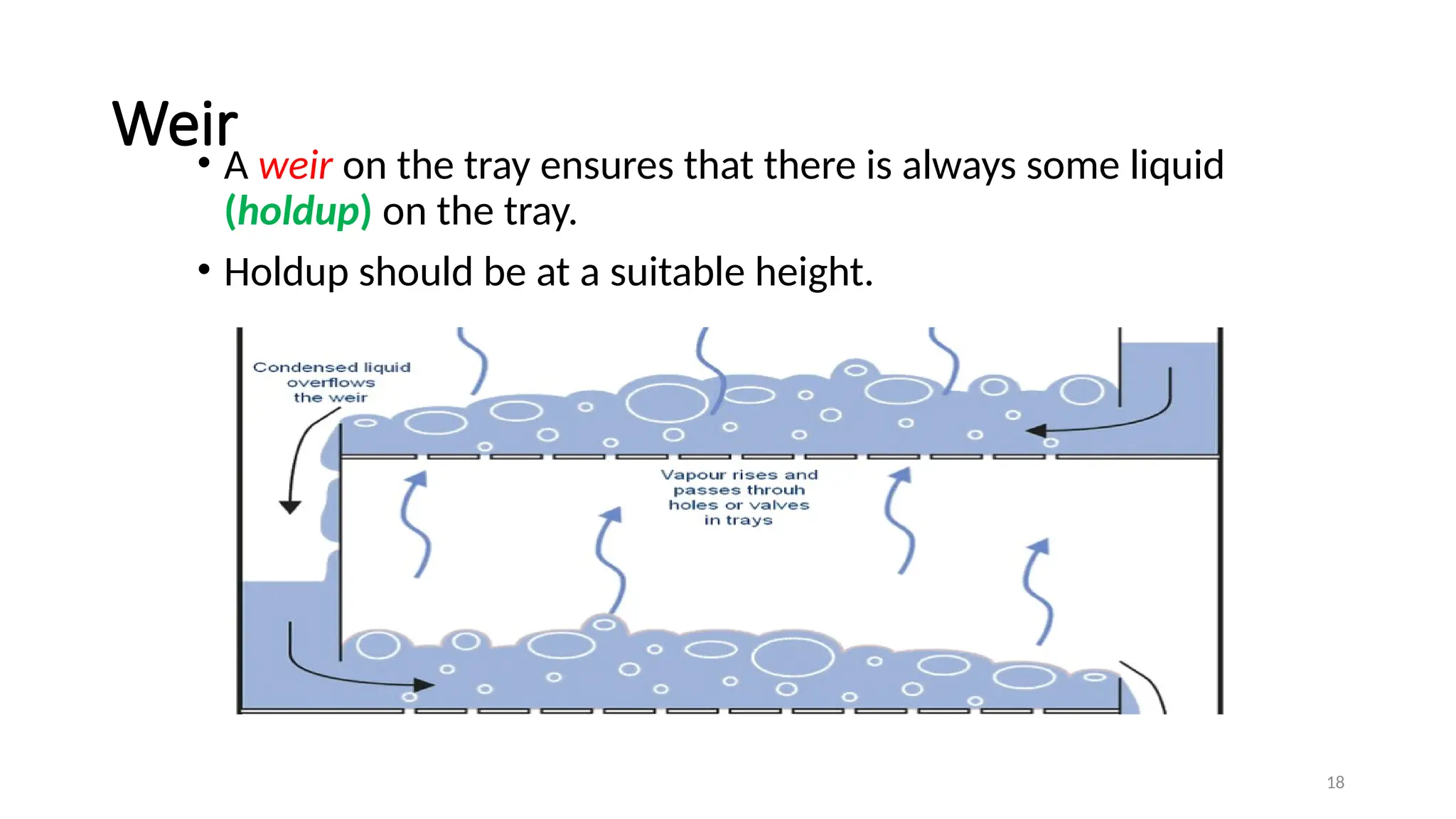 18
Weir
• A weir on the tray ensures that there is always some liquid
(holdup) on the tray.
• Holdup should be at a suitable height.
 