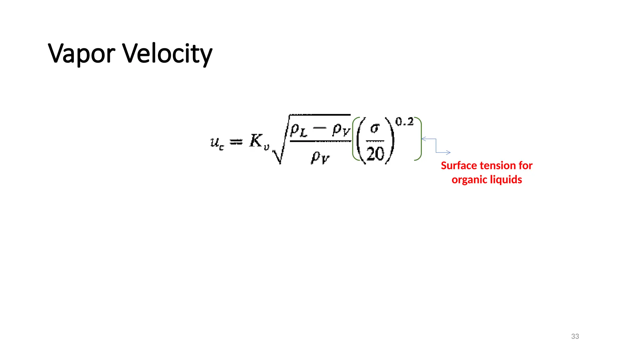 33
Vapor Velocity
Surface tension for
organic liquids
 