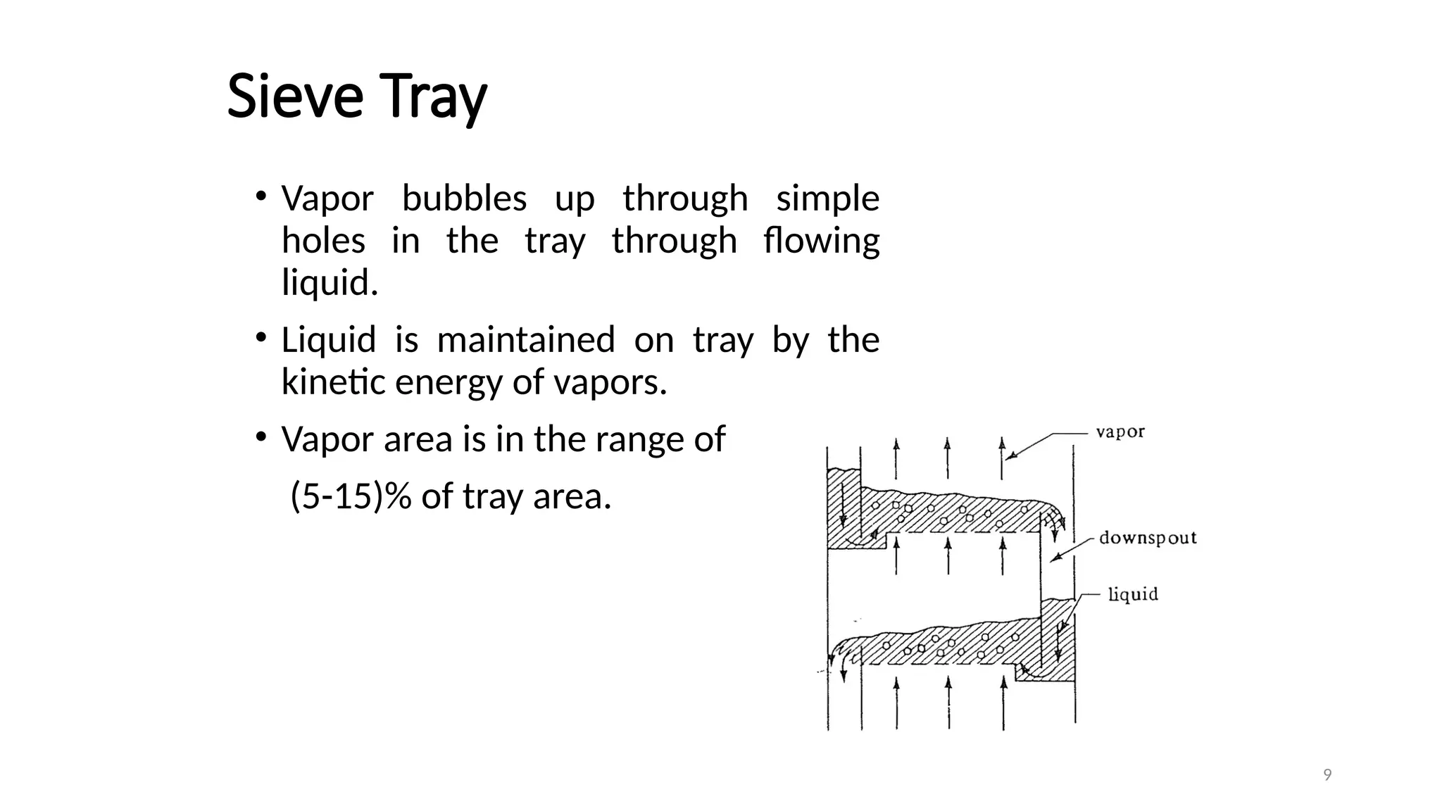 9
Sieve Tray
• Vapor bubbles up through simple
holes in the tray through flowing
liquid.
• Liquid is maintained on tray by the
kinetic energy of vapors.
• Vapor area is in the range of
(5-15)% of tray area.
 