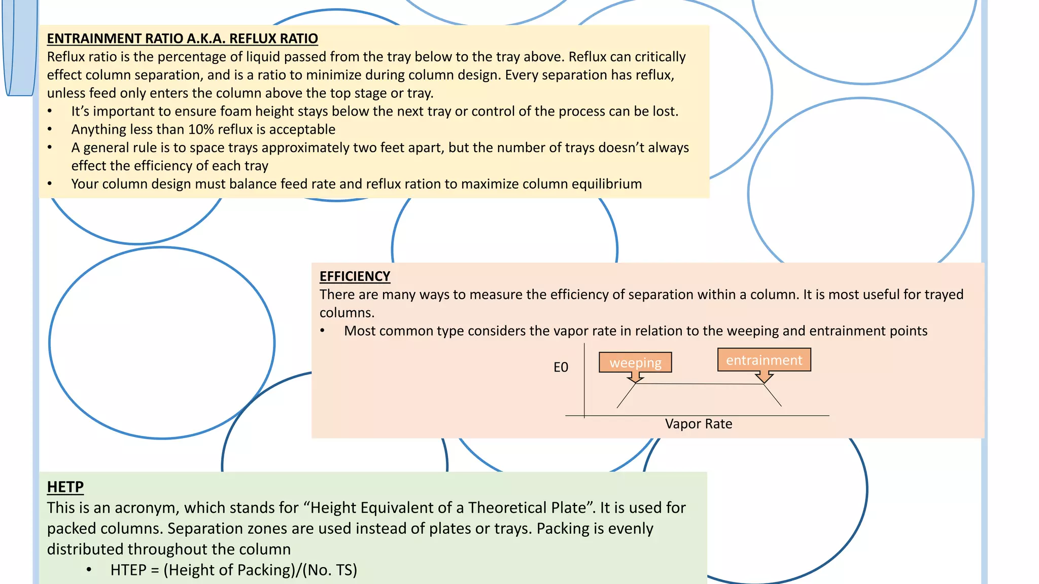 Explain this section in a few sentences concisely and clearly.
EFFICIENCY
There are many ways to measure the efficiency of separation within a column. It is most useful for trayed
columns.
• Most common type considers the vapor rate in relation to the weeping and entrainment points
E0
Vapor Rate
weeping entrainment
ENTRAINMENT RATIO A.K.A. REFLUX RATIO
Reflux ratio is the percentage of liquid passed from the tray below to the tray above. Reflux can critically
effect column separation, and is a ratio to minimize during column design. Every separation has reflux,
unless feed only enters the column above the top stage or tray.
• It’s important to ensure foam height stays below the next tray or control of the process can be lost.
• Anything less than 10% reflux is acceptable
• A general rule is to space trays approximately two feet apart, but the number of trays doesn’t always
effect the efficiency of each tray
• Your column design must balance feed rate and reflux ration to maximize column equilibrium
HETP
This is an acronym, which stands for “Height Equivalent of a Theoretical Plate”. It is used for
packed columns. Separation zones are used instead of plates or trays. Packing is evenly
distributed throughout the column
• HTEP = (Height of Packing)/(No. TS)
 