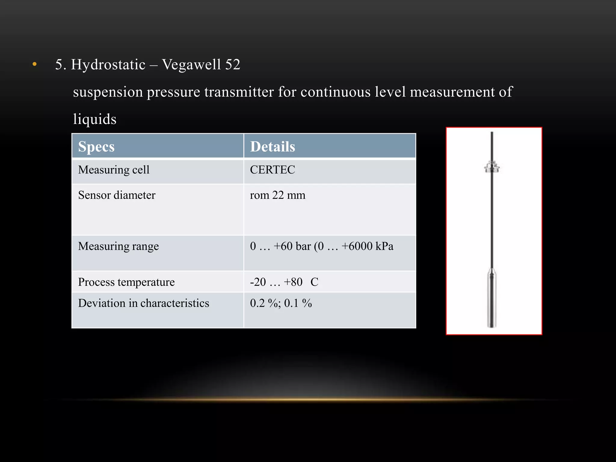 • 5. Hydrostatic – Vegawell 52
suspension pressure transmitter for continuous level measurement of
liquids
Specs Details
Measuring cell CERTEC
Sensor diameter rom 22 mm
Measuring range 0 … +60 bar (0 … +6000 kPa
Process temperature -20 … +80 C
Deviation in characteristics 0.2 %; 0.1 %
 
