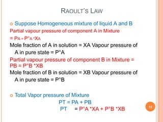  Suppose Homogeneous mixture of liquid A and B
Partial vapour pressure of component A in Mixture
= PA = P°A *XA
Mole fraction of A in solution = XA Vapour pressure of
A in pure state = P°A
Partial vapour pressure of component B in Mixture =
PB = P°B *XB
Mole fraction of B in solution = XB Vapour pressure of
A in pure state = P°B
 Total Vapor pressure of Mixture
PT = PA + PB
PT = P°A *XA + P°B *XB
RAOULT’S LAW
12
 