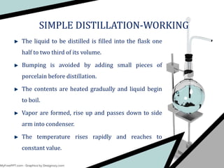 SIMPLE DISTILLATION-WORKING
The liquid to be distilled is filled into the flask one
half to two third of its volume.
Bumping is avoided by adding small pieces of
porcelain before distillation.
The contents are heated gradually and liquid begin
to boil.
Vapor are formed, rise up and passes down to side
arm into condenser.
The temperature rises rapidly and reaches to
constant value.
 