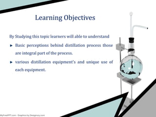 Learning Objectives
By Studying this topic learners will able to understand
Basic perceptions behind distillation process those
are integral part of the process.
various distillation equipment's and unique use of
each equipment.
 