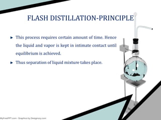 This process requires certain amount of time. Hence
the liquid and vapor is kept in intimate contact until
equilibrium is achieved.
Thus separation of liquid mixture takes place.
FLASH DISTILLATION-PRINCIPLE
 