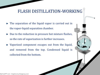 The separation of the liquid vapor is carried out in
the vapor-liquid separation chamber.
Due to the reduction in pressure hot mixture flashes,
so the rate of vaporization is further increases.
Vaporized component escapes out from the liquid,
and removed from the top. Condensed liquid is
collected from the bottom.
FLASH DISTILLATION-WORKING
 