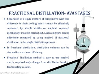 Separation of a liquid mixture of components with less
difference in their boiling points cannot be effectively
separated by simple distillation method; repeated
distillations must be carried out. Such a mixture can be
effectively separated by using method of fractional
distillation in the single distillation process.
In fractional distillation, distillation columns can be
stacked for maximum efficiency.
Fractional distillation method is easy to use method
and is required only change from distillation head to
fractionating column.
FRACTIONAL DISTILLATION- AVANTAGES
 