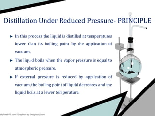In this process the liquid is distilled at temperatures
lower than its boiling point by the application of
vacuum.
The liquid boils when the vapor pressure is equal to
atmospheric pressure.
If external pressure is reduced by application of
vacuum, the boiling point of liquid decreases and the
liquid boils at a lower temperature.
Distillation Under Reduced Pressure- PRINCIPLE
 