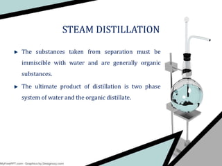 The substances taken from separation must be
immiscible with water and are generally organic
substances.
The ultimate product of distillation is two phase
system of water and the organic distillate.
STEAM DISTILLATION
 
