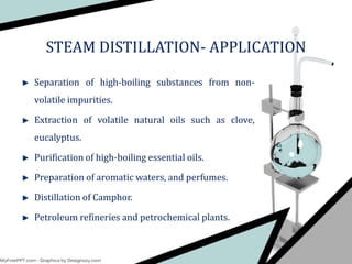 Separation of high-boiling substances from non-
volatile impurities.
Extraction of volatile natural oils such as clove,
eucalyptus.
Purification of high-boiling essential oils.
Preparation of aromatic waters, and perfumes.
Distillation of Camphor.
Petroleum refineries and petrochemical plants.
STEAM DISTILLATION- APPLICATION
 