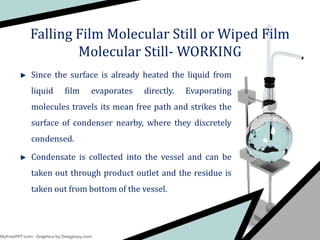Since the surface is already heated the liquid from
liquid film evaporates directly. Evaporating
molecules travels its mean free path and strikes the
surface of condenser nearby, where they discretely
condensed.
Condensate is collected into the vessel and can be
taken out through product outlet and the residue is
taken out from bottom of the vessel.
Falling Film Molecular Still or Wiped Film
Molecular Still- WORKING
 