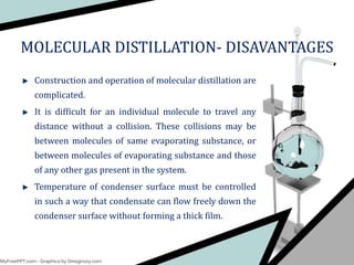 Construction and operation of molecular distillation are
complicated.
It is difficult for an individual molecule to travel any
distance without a collision. These collisions may be
between molecules of same evaporating substance, or
between molecules of evaporating substance and those
of any other gas present in the system.
Temperature of condenser surface must be controlled
in such a way that condensate can flow freely down the
condenser surface without forming a thick film.
MOLECULAR DISTILLATION- DISAVANTAGES
 