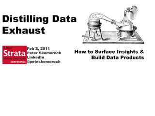 Distilling Data
Exhaust
How to Surface Insights &
Build Data Products
Feb 2, 2011
Peter Skomoroch
LinkedIn
@peteskomoroch
 