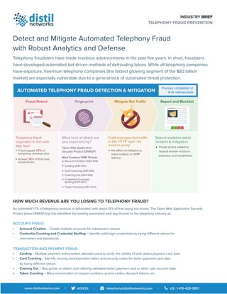  
INDUSTRY BRIEF
TELEPHONY FRAUD PREVENTION
Detect and Mitigate Automated Telephony Fraud
with Robust Analytics and Defense
Telephony fraudsters have made insidious advancements in the past ﬁve years. In short, fraudsters
have developed automated bot-driven methods of defrauding telcos. While all telephony companies
have exposure, freemium telephony companies (the fastest growing segment of the $83 billion
market) are especially vulnerable due to a general lack of automated threat protection.
HOW MUCH REVENUE ARE YOU LOSING TO TELEPHONY FRAUD?
An estimated 1.7% of telephony revenue is defrauded, with about 10% of that being bot-driven. The Open Web Application Security
Project (www.OWASP.org) has identiﬁed the leading automated web app threats to the telephony industry as:
ACCOUNT FRAUD
• Account Creation – Create multiple accounts for subsequent misuse
• Credential Cracking and Credential Stuﬃng – Identify valid login credentials by trying diﬀerent values for  
usernames and passwords
TRANSACTION AND PAYMENT FRAUD
• Carding – Multiple payment authorization attempts used to verify the validity of bulk stolen payment card data
• Card Cracking – Identify missing start/expiration dates and security codes for stolen payment card data  
by trying diﬀerent values
• Cashing Out – Buy goods or obtain cash utilizing validated stolen payment card or other user account data
• Token Cracking – Mass enumeration of coupon numbers, promo codes, discount tokens, etc.
 