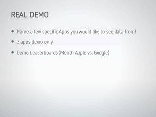 REAL DEMO
  Name a few speciﬁc Apps you would like to see data from!
  3 apps demo only
  Demo Leaderboards (Month A...