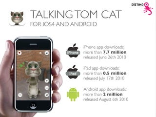 TALKING TOM CAT
FOR IOS4 AND ANDROID


               iPhone app downloads:
               more than 7.7 million
               released June 26th 2010

               iPad app downloads:
               more than 0.5 million
               released July 17th 2010

               Android app downloads:
               more than 2 million
               released August 6th 2010
 