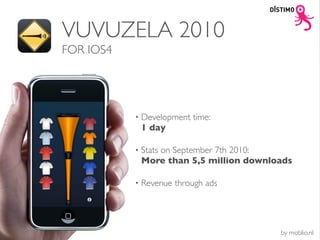 VUVUZELA 2010
FOR IOS4




           •   Development time:
               1 day

           •   Stats on September 7th 2010:
               More than 5,5 million downloads

           •   Revenue through ads




                                           by moblio.nl
 