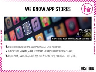 WE KNOW APP STORES




1. DISTIMO COLLECTS FACTUAL AND TIMELY MARKET DATA, WORLDWIDE
2. DEDICATED TO MARKETS WHERE APP STORES ARE LEADING DISTRIBUTION CHANNEL
3. INDEPENDENT AND CROSS-STORE ANALYSIS, APPLYING SAME METRICS TO EVERY STORE
 