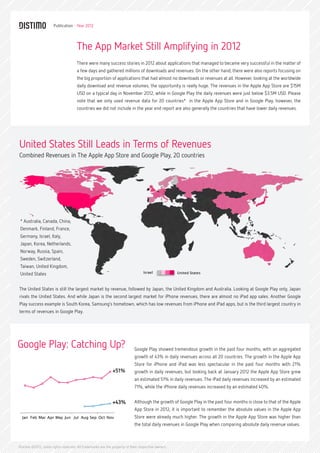 Publication - Year 2012




                                     The App Market Still Amplifying in 2012
                                     There were many success stories in 2012 about applications that managed to became very successful in the matter of
                                     a few days and gathered millions of downloads and revenues. On the other hand, there were also reports focusing on
                                     the big proportion of applications that had almost no downloads or revenues at all. However, looking at the worldwide
                                     daily download and revenue volumes, the opportunity is really huge. The revenues in the Apple App Store are $15M
                                     USD on a typical day in November 2012, while in Google Play the daily revenues were just below $3.5M USD. Please
                                     note that we only used revenue data for 20 countries* in the Apple App Store and in Google Play, however, the
                                     countries we did not include in the year end report are also generally the countries that have lower daily revenues.




United States Still Leads in Terms of Revenues
Combined Revenues in The Apple App Store and Google Play, 20 countries




 * Australia, Canada, China,
 Denmark, Finland, France,
 Germany, Israel, Italy,
 Japan, Korea, Netherlands,
 Norway, Russia, Spain,
 Sweden, Switzerland,
 Taiwan, United Kingdom,
 United States                                                                  Israel             United States



The United States is still the largest market by revenue, followed by Japan, the United Kingdom and Australia. Looking at Google Play only, Japan
rivals the United States. And while Japan is the second largest market for iPhone revenues, there are almost no iPad app sales. Another Google
Play success example is South Korea, Samsung’s hometown, which has low revenues from iPhone and iPad apps, but is the third largest country in
terms of revenues in Google Play.




Google Play: Catching Up?                                                  Google Play showed tremendous growth in the past four months, with an aggregated
                                                                           growth of 43% in daily revenues across all 20 countries. The growth in the Apple App
                                                                           Store for iPhone and iPad was less spectacular in the past four months with 21%
                                                            +51%           growth in daily revenues, but looking back at January 2012 the Apple App Store grew
                                                                           an estimated 51% in daily revenues. The iPad daily revenues increased by an estimated
                                                                           71%, while the iPhone daily revenues increased by an estimated 40%.


                                                            +43%           Although the growth of Google Play in the past four months is close to that of the Apple
                                                                           App Store in 2012, it is important to remember the absolute values in the Apple App
  Jan Feb Mar Apr May Jun Jul Aug Sep Oct Nov                              Store were already much higher. The growth in the Apple App Store was higher than
                                                                           the total daily revenues in Google Play when comparing absolute daily revenue values.



Distimo ©2012, some rights reserved. All trademarks are the property of their respective owners.
 