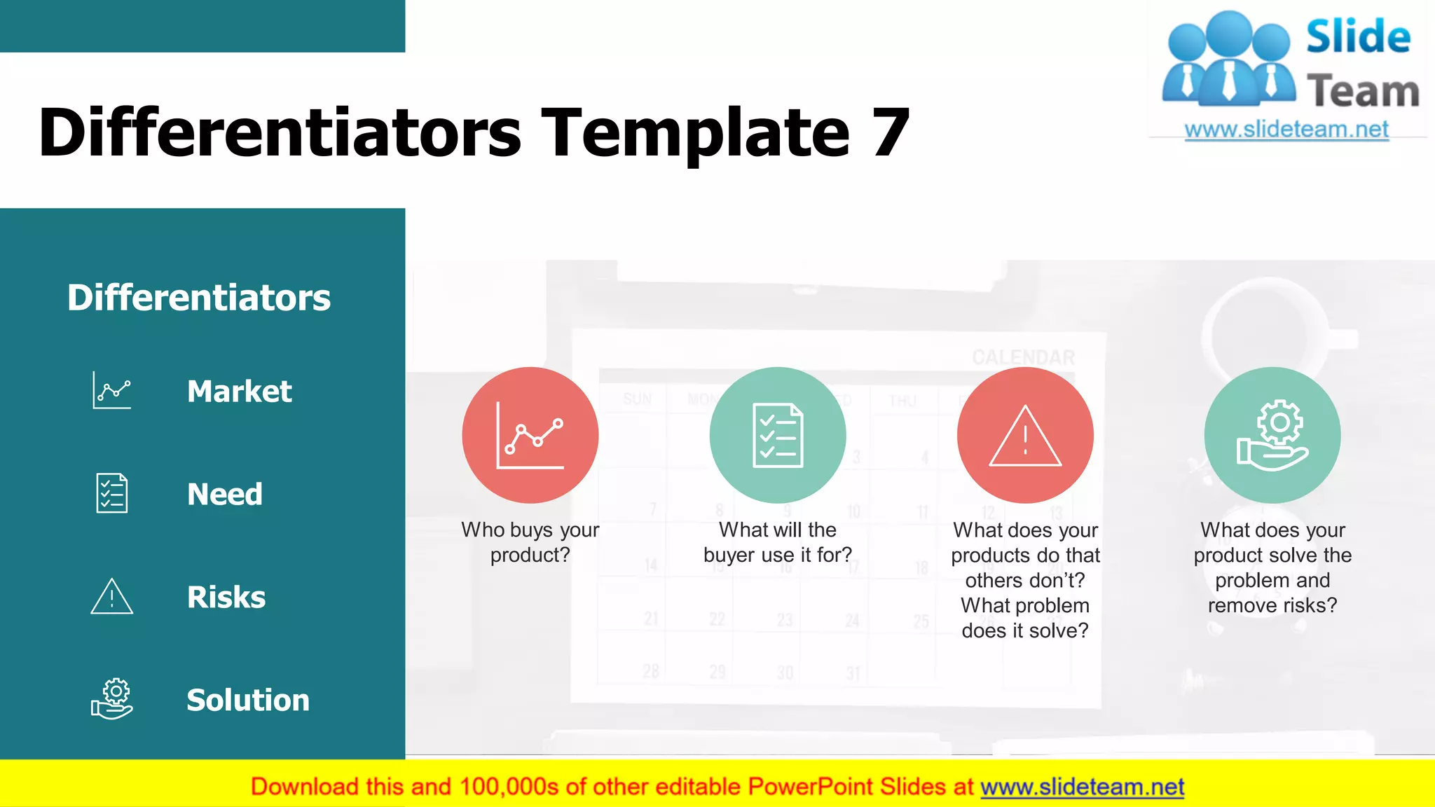 9
What does your
product solve the
problem and
remove risks?
Who buys your
product?
What will the
buyer use it for?
What does your
products do that
others don’t?
What problem
does it solve?
Solution
Market
Need
Risks
Differentiators
Differentiators Template 7
 