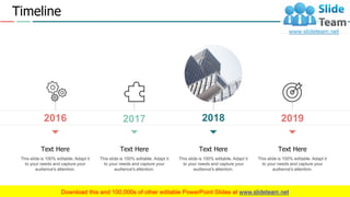 2018
This slide is 100% editable. Adapt it
to your needs and capture your
audience's attention.
Text Here
This slide is 100% editable. Adapt it
to your needs and capture your
audience's attention.
Text Here
2019
This slide is 100% editable. Adapt it
to your needs and capture your
audience's attention.
Text Here
2017
This slide is 100% editable. Adapt it
to your needs and capture your
audience's attention.
Text Here
2016
Timeline
16
 