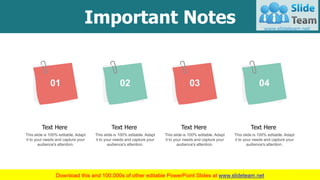 Important Notes
This slide is 100% editable. Adapt
it to your needs and capture your
audience's attention.
Text Here
01
This slide is 100% editable. Adapt
it to your needs and capture your
audience's attention.
Text Here
02
This slide is 100% editable. Adapt
it to your needs and capture your
audience's attention.
Text Here
03
This slide is 100% editable. Adapt
it to your needs and capture your
audience's attention.
Text Here
04
18
 