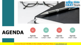 AGENDA
2
This slide is 100% editable. Adapt it to your needs and capture your audience's attention.
01
Agenda
10:00am- 11:00am
02
Agenda
12:00pm- 1:00pm
03
Agenda
1:00pm- 2:00pm
04
Agenda
3:00pm- 5:00pm
 